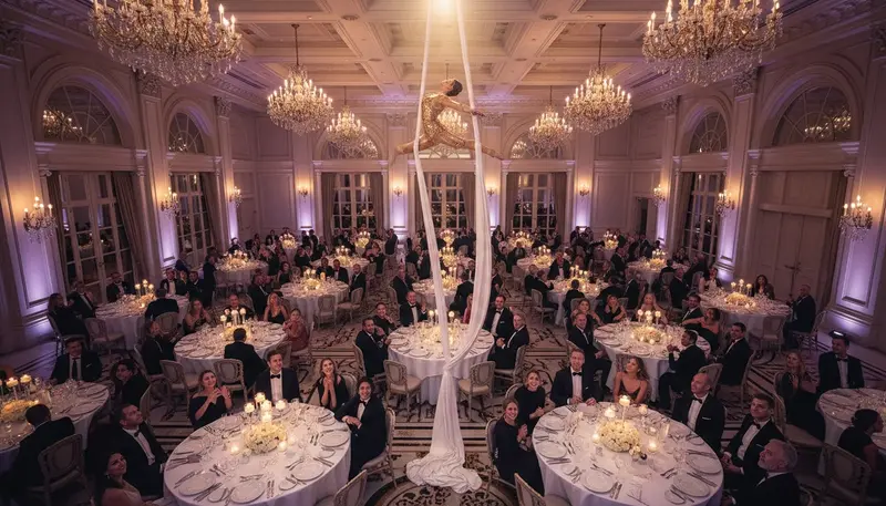 Aerial performer on silks above dinner tables at a gala dinner in Dubai