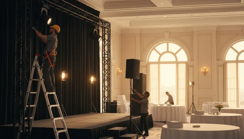 Crew setting up a stage, lights and sound in a Dubai ballroom before a gala