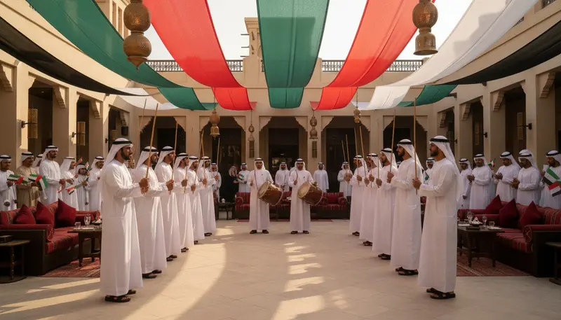 Emirati Ayala troupe performing at a National Day celebration in a Dubai courtyard