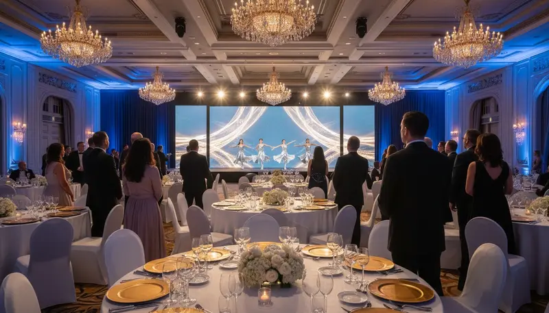 Gala dinner in a Dubai hotel ballroom with dancers on stage and guests at round tables