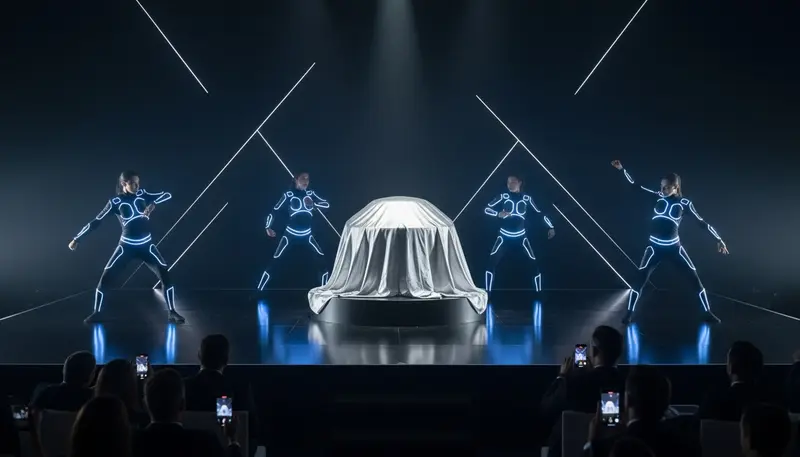 LED dancers performing around a covered product on a launch stage in Dubai