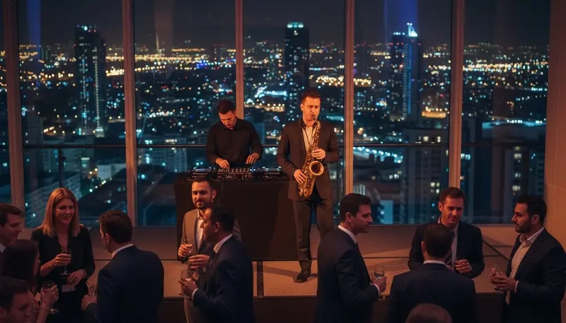 Saxophonist and DJ playing for business guests at a corporate evening event in Dubai