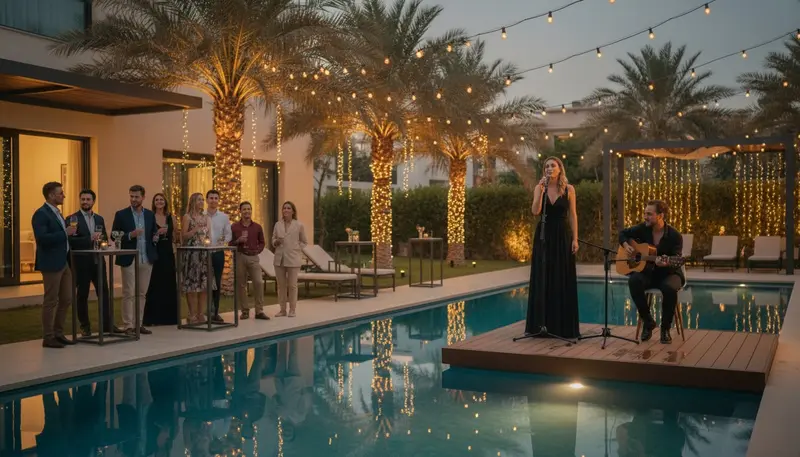 Singer performing for guests at an evening villa garden party in Dubai