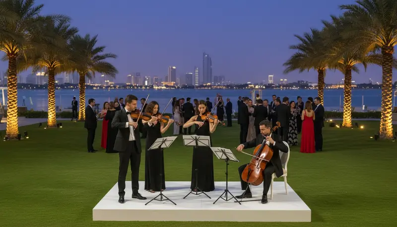 String quartet playing at an outdoor evening reception by the water in Abu Dhabi