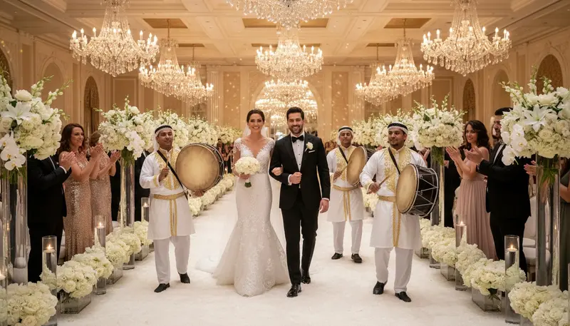 Zaffa drummers leading a couple's grand entrance into a wedding reception in Dubai